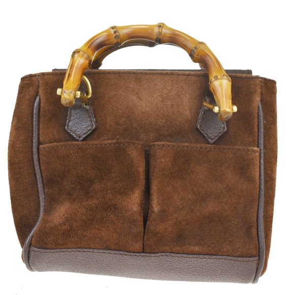 Gucci Handbags - GUCCI Logo Bamboo Mini Hand Bag Suede Leather Brow